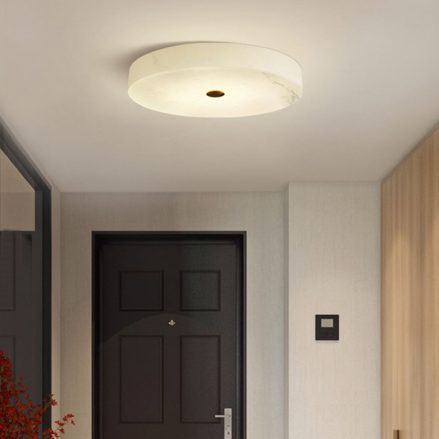 Flush Mount Ceiling Light Modern Minimalist with Alabaster Shade and Brass Detail