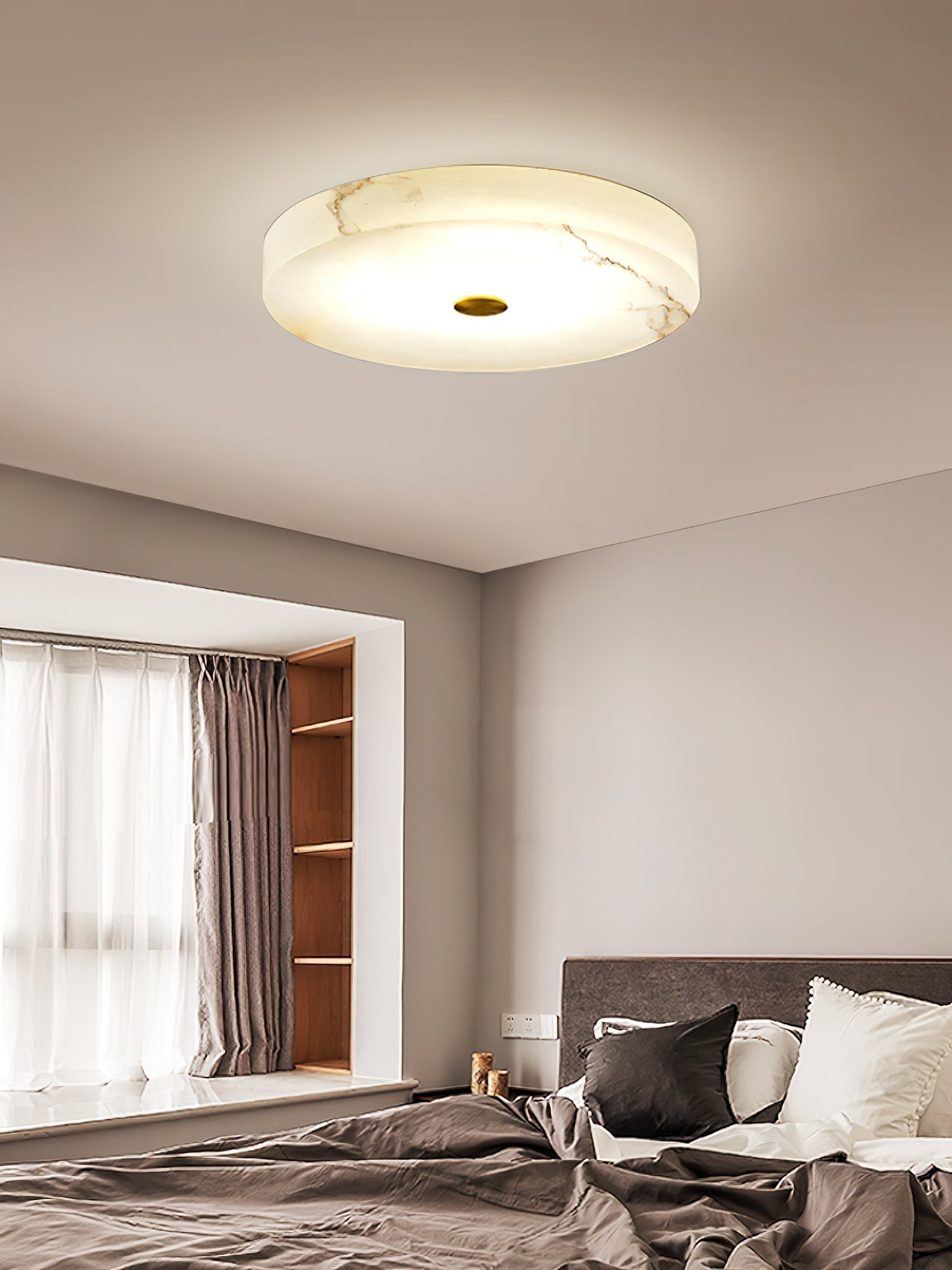 Flush Mount Ceiling Light Modern Minimalist with Alabaster Shade and Brass Detail