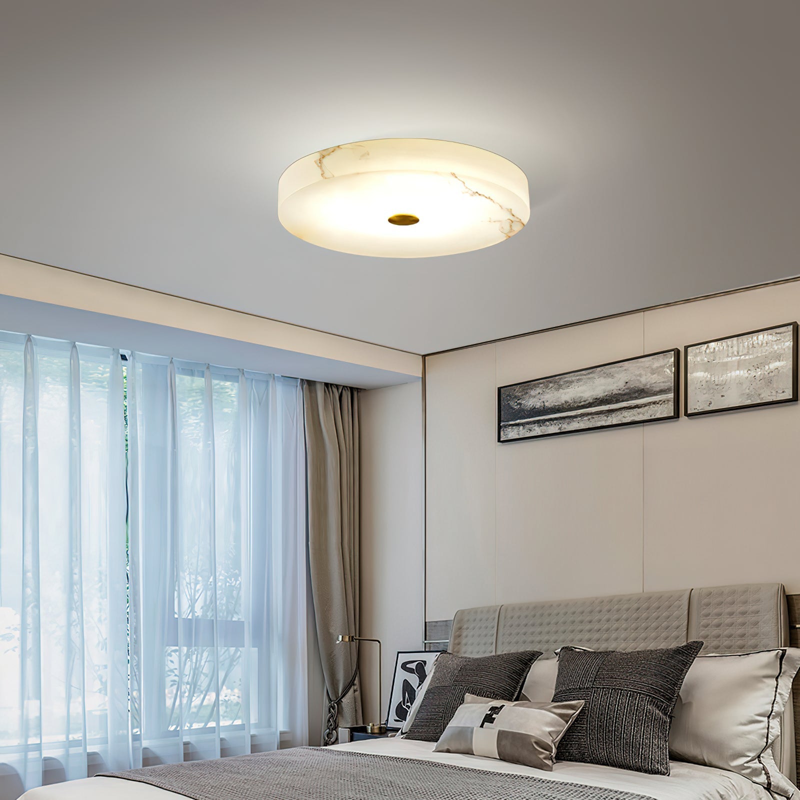 Flush Mount Ceiling Light Modern Minimalist with Alabaster Shade and Brass Detail