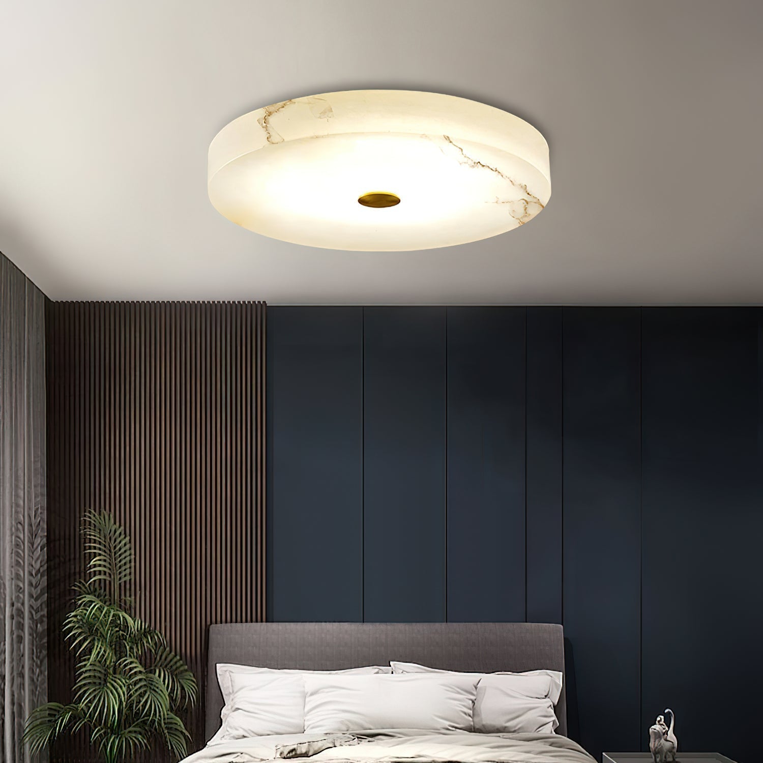 Flush Mount Ceiling Light Modern Minimalist with Alabaster Shade and Brass Detail