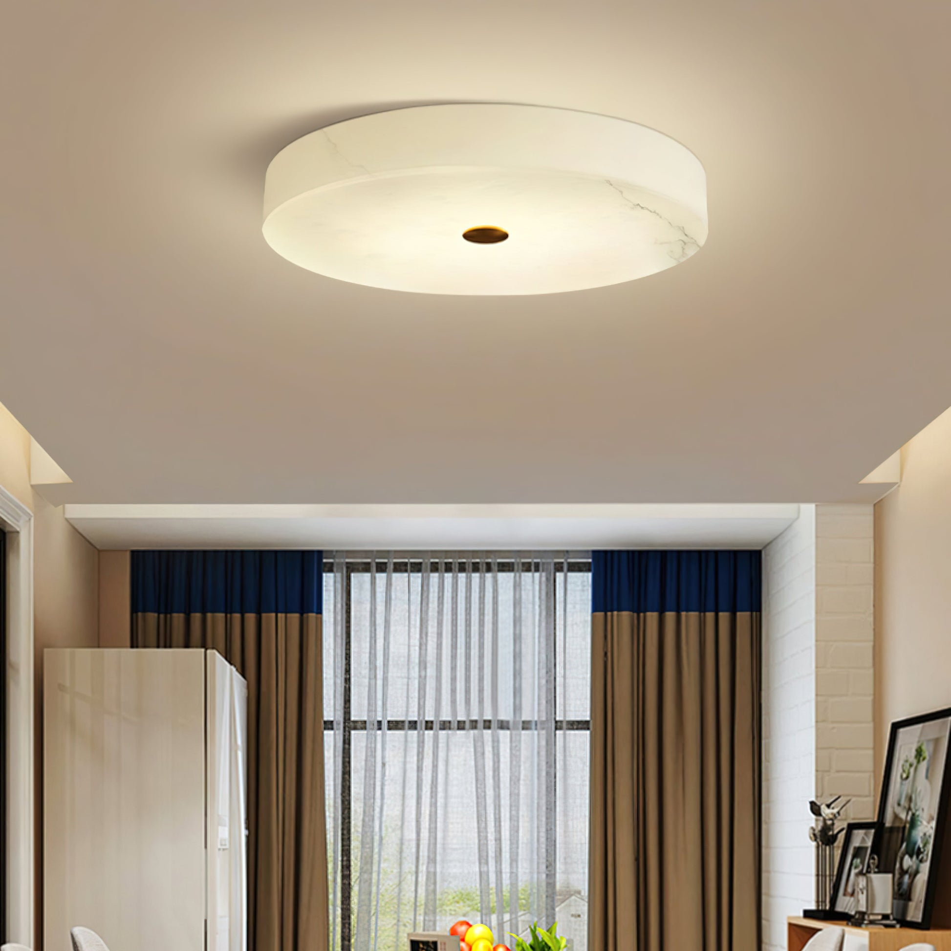 Flush Mount Ceiling Light Modern Minimalist with Alabaster Shade and Brass Detail