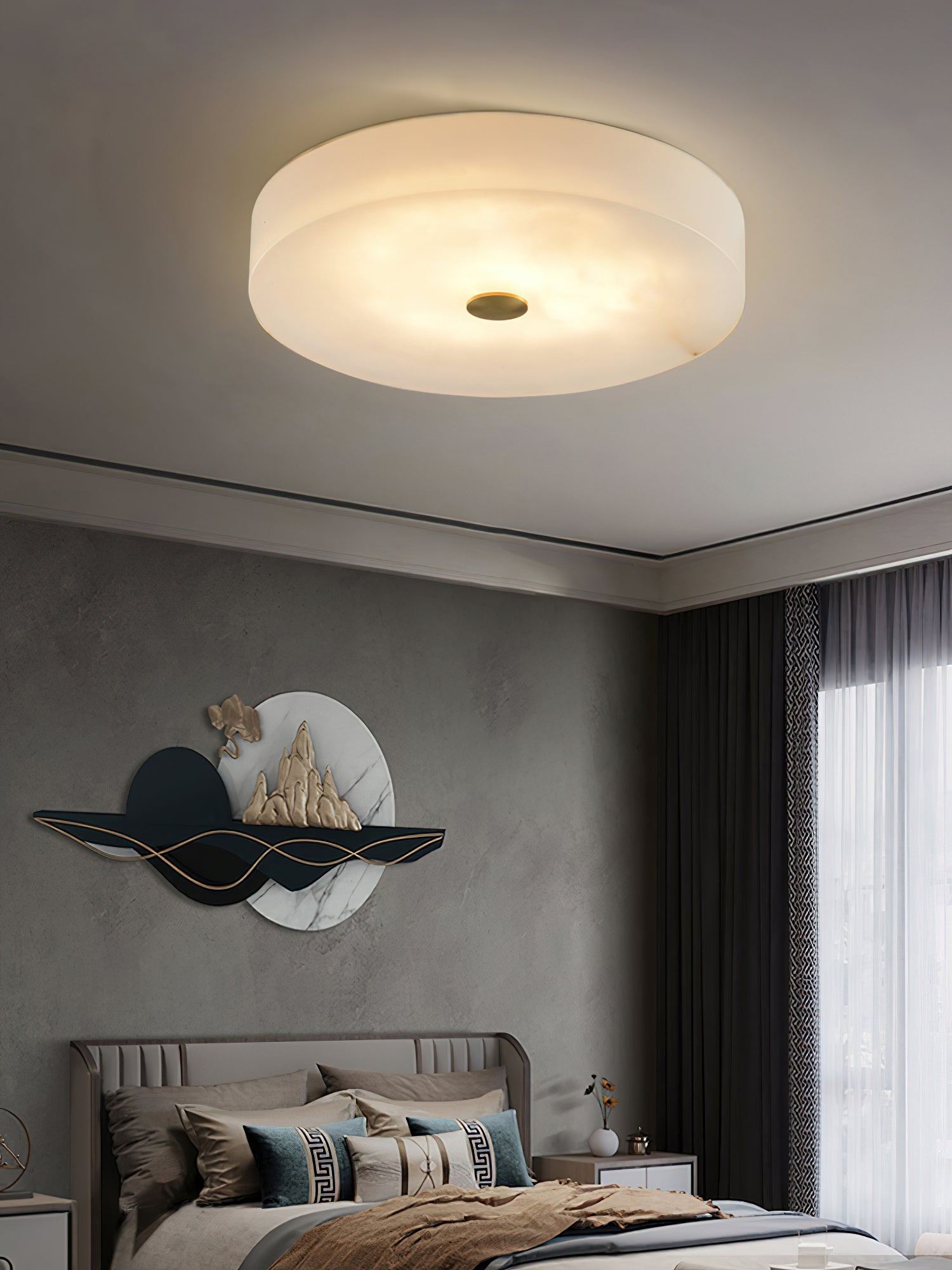 Flush Mount Ceiling Light Modern Minimalist with Alabaster Shade and Brass Detail