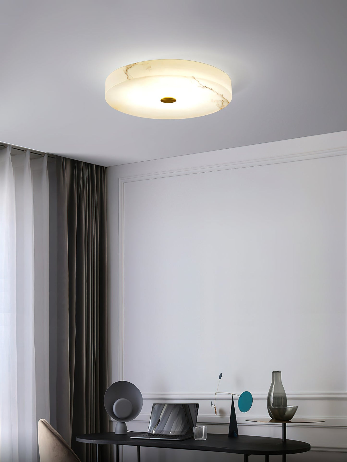 Flush Mount Ceiling Light Modern Minimalist with Alabaster Shade and Brass Detail