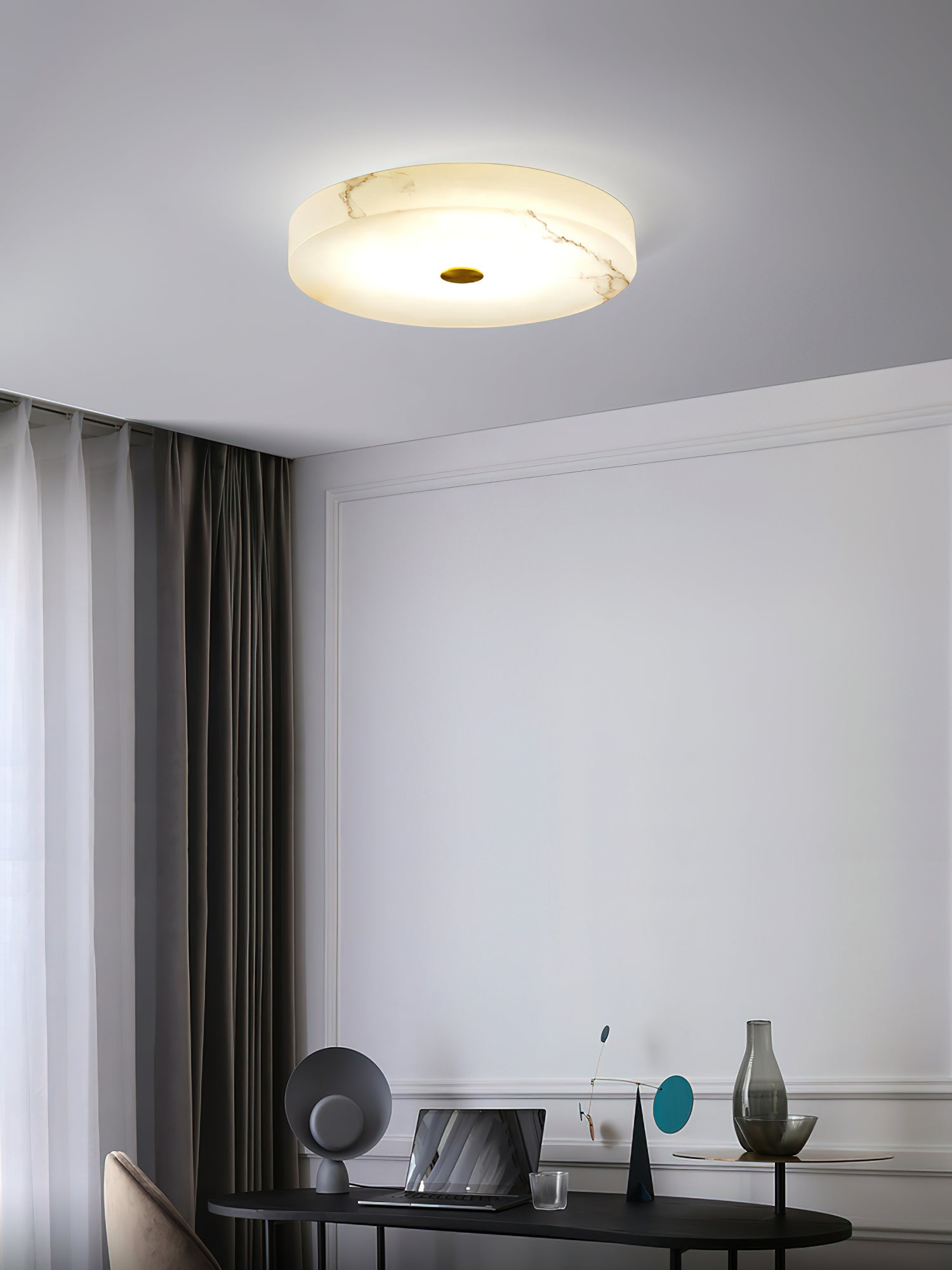 Flush Mount Ceiling Light Modern Minimalist with Alabaster Shade and Brass Detail