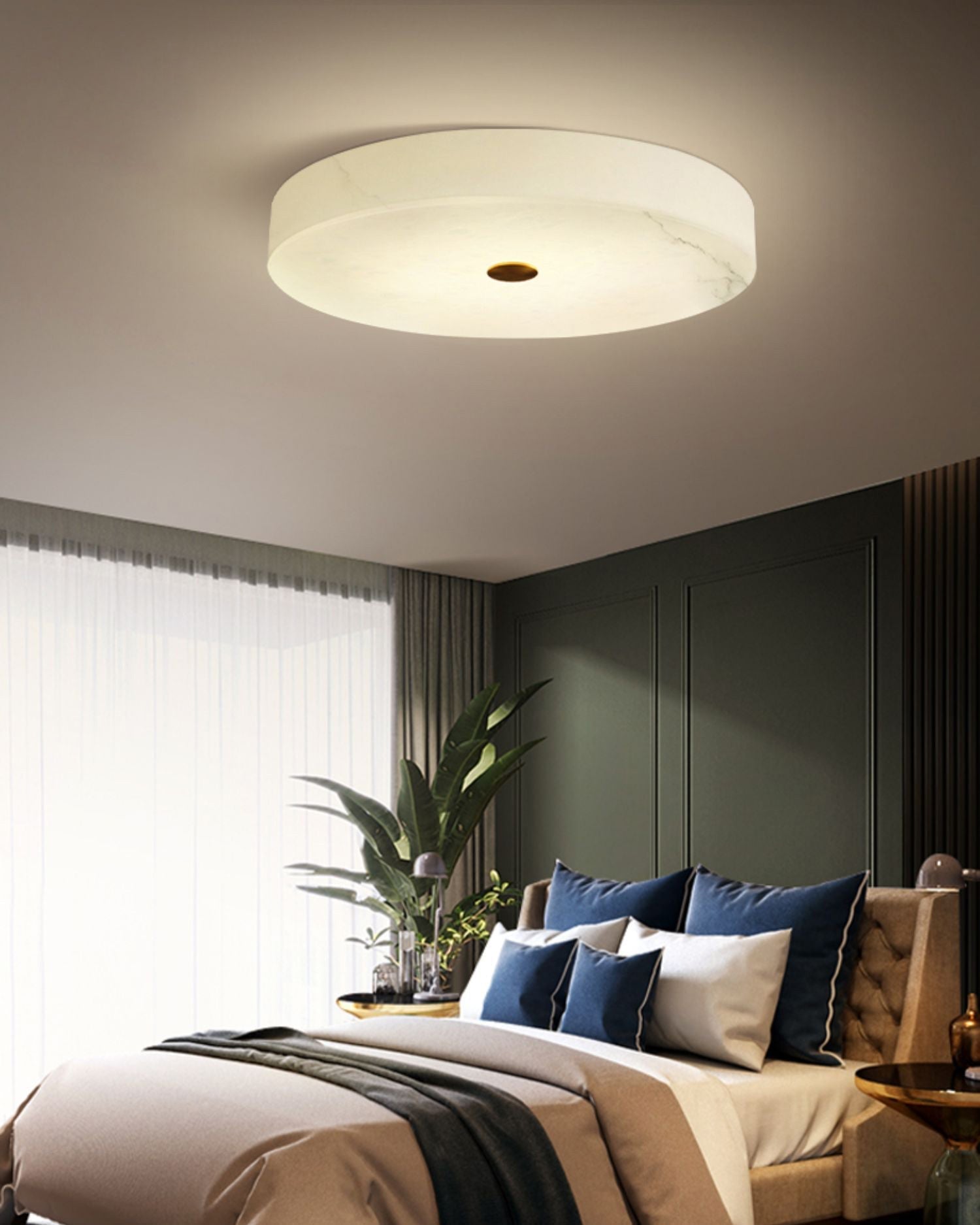 Flush Mount Ceiling Light Modern Minimalist with Alabaster Shade and Brass Detail