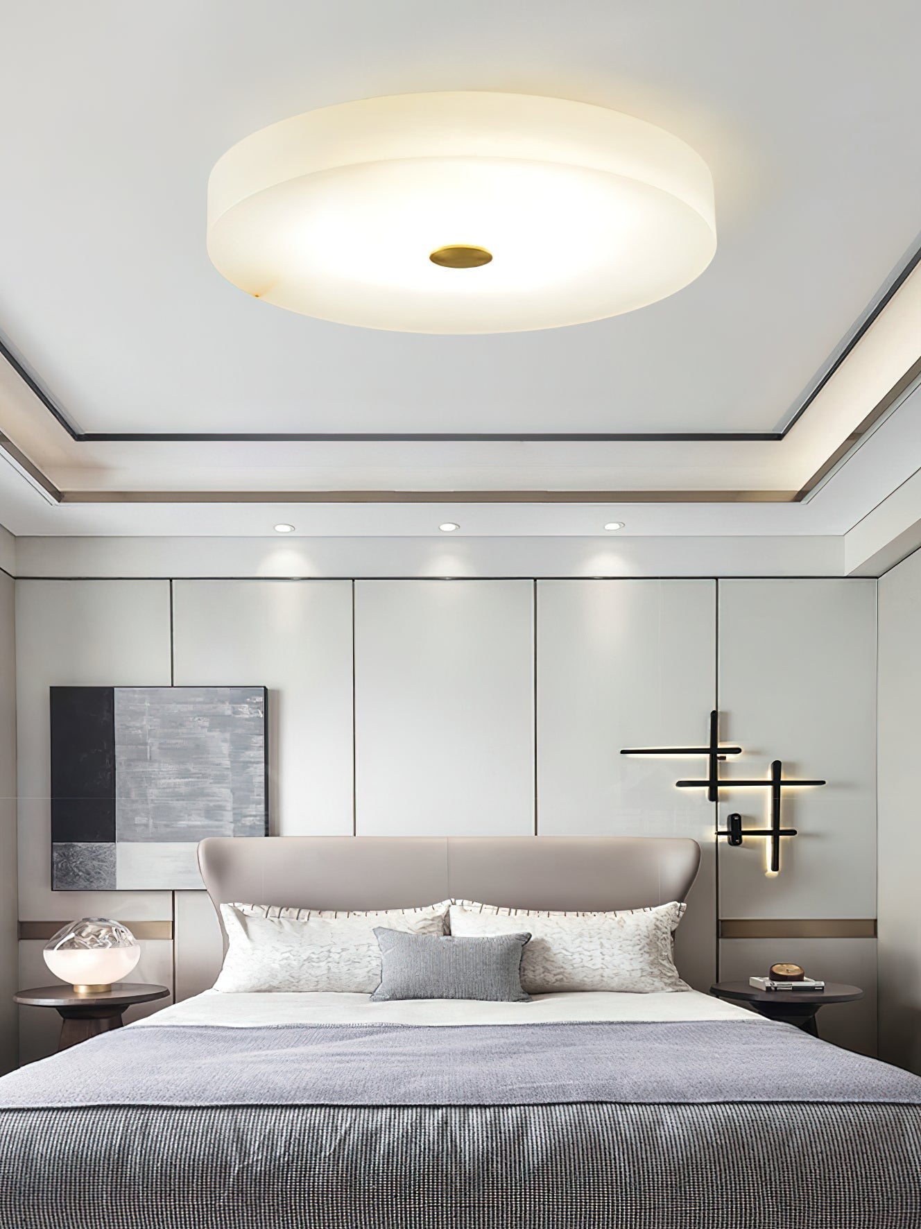 Flush Mount Ceiling Light Modern Minimalist with Alabaster Shade and Brass Detail