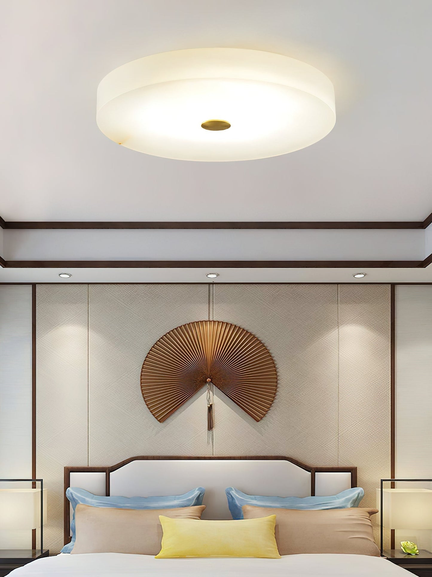 Flush Mount Ceiling Light Modern Minimalist with Alabaster Shade and Brass Detail