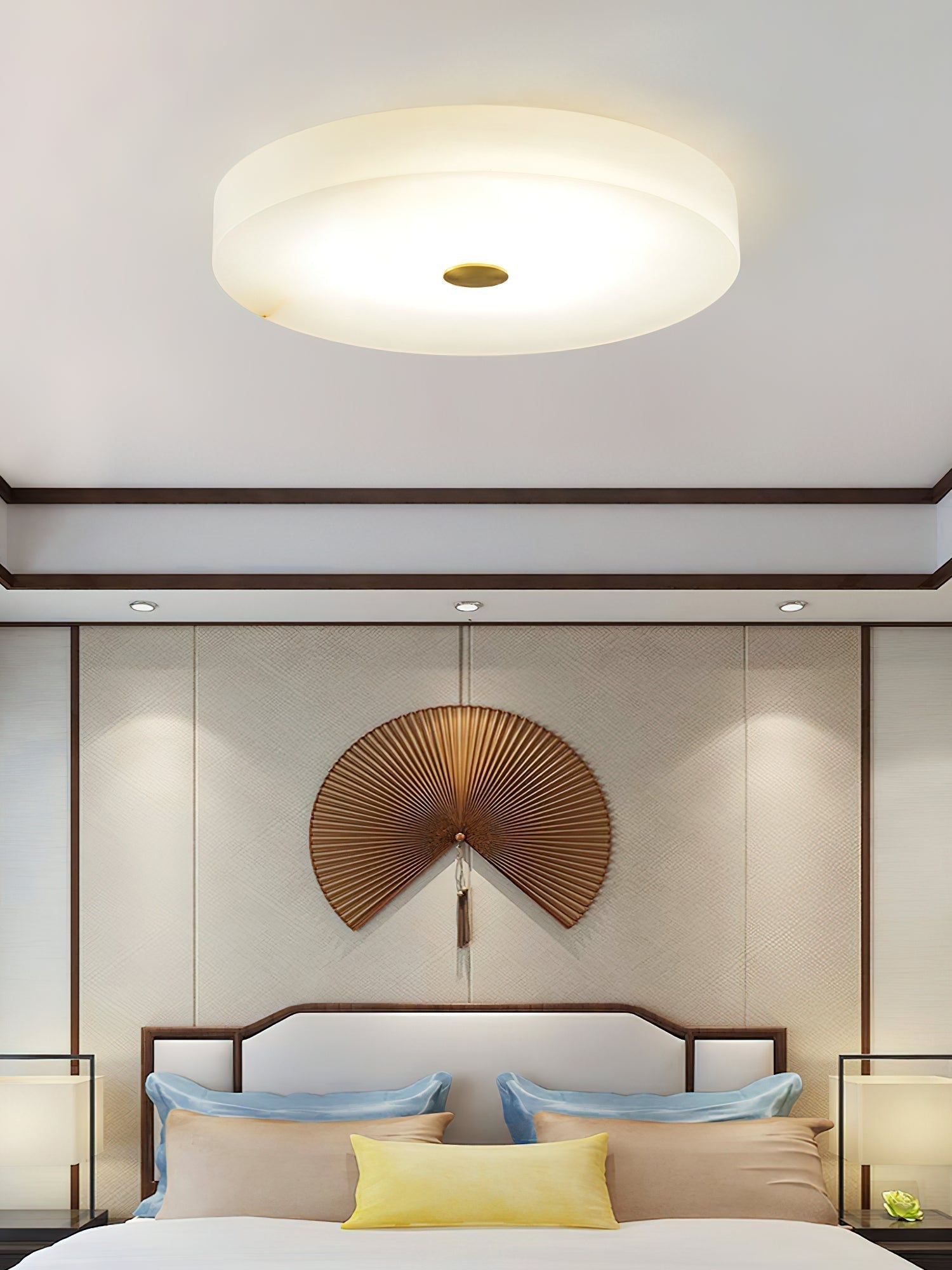 Flush Mount Ceiling Light Modern Minimalist with Alabaster Shade and Brass Detail