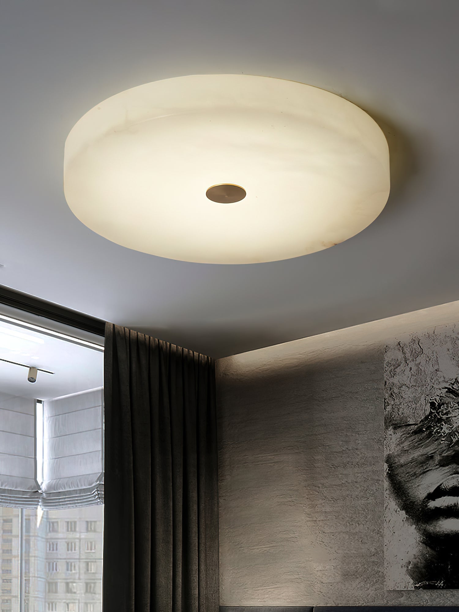 Flush Mount Ceiling Light Modern Minimalist with Alabaster Shade and Brass Detail
