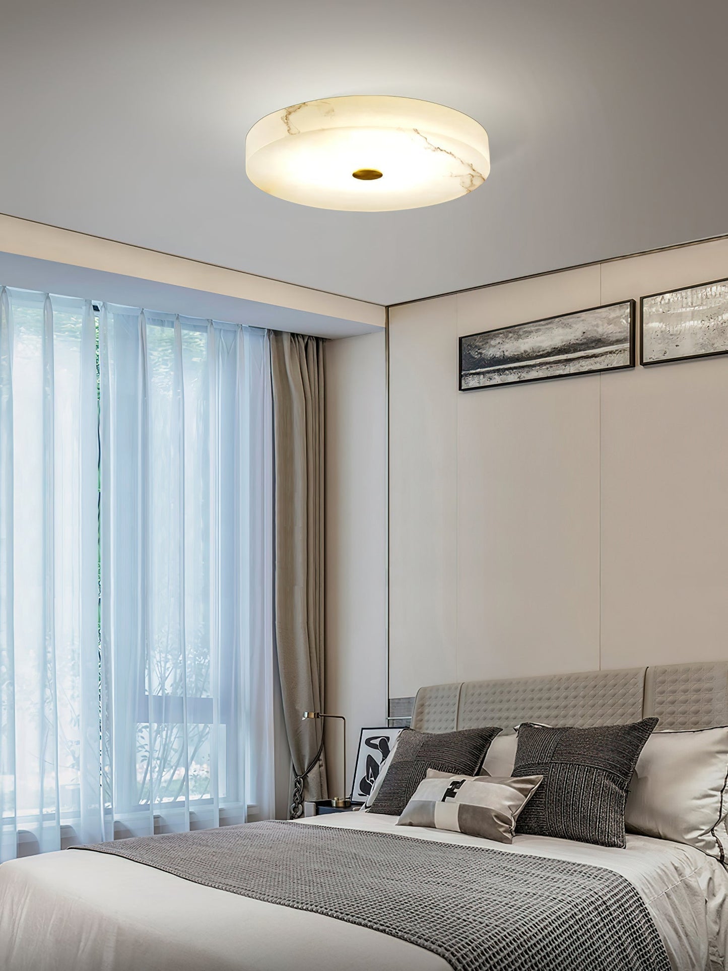 Flush Mount Ceiling Light Modern Minimalist with Alabaster Shade and Brass Detail