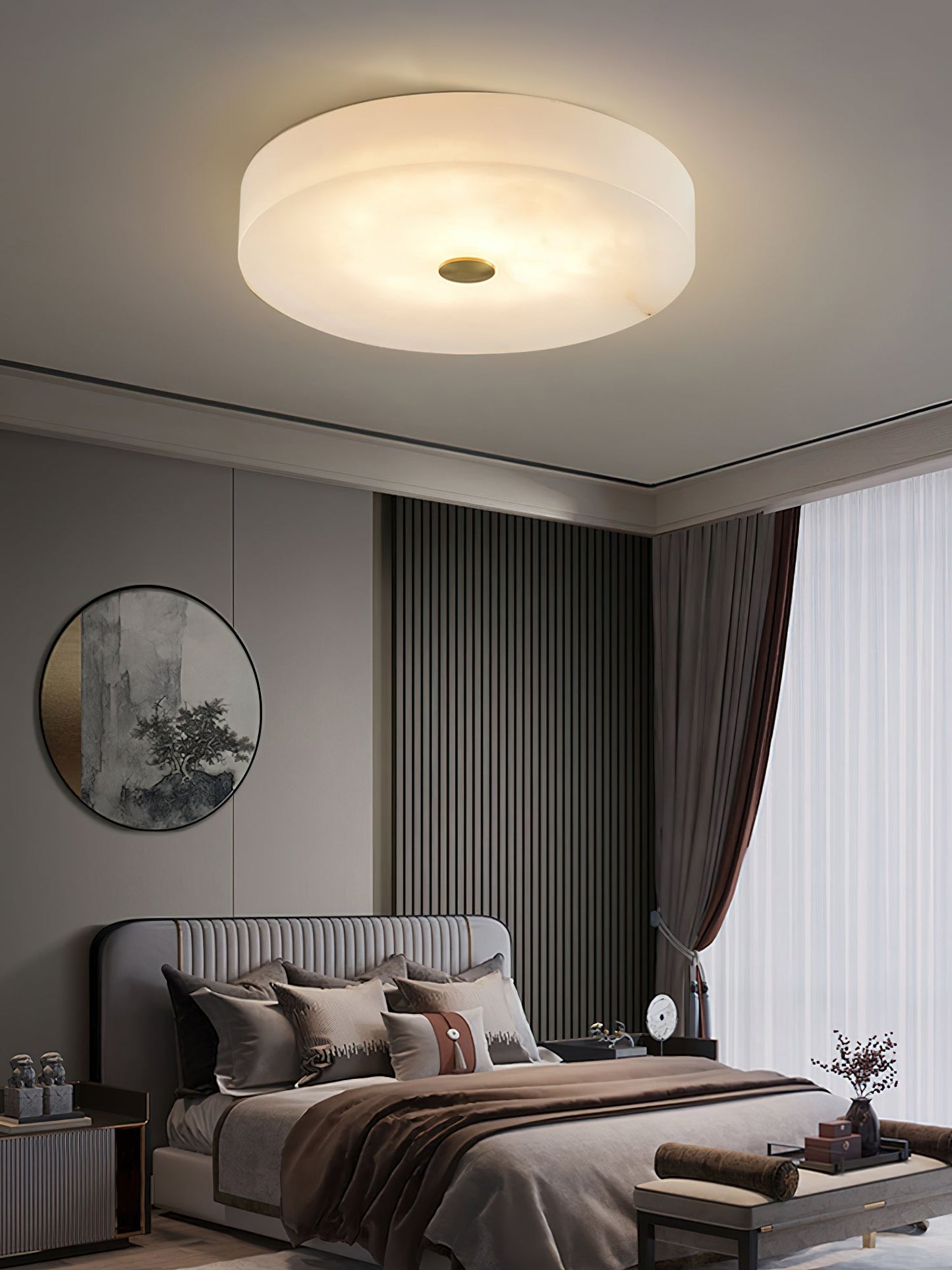 Flush Mount Ceiling Light Modern Minimalist with Alabaster Shade and Brass Detail