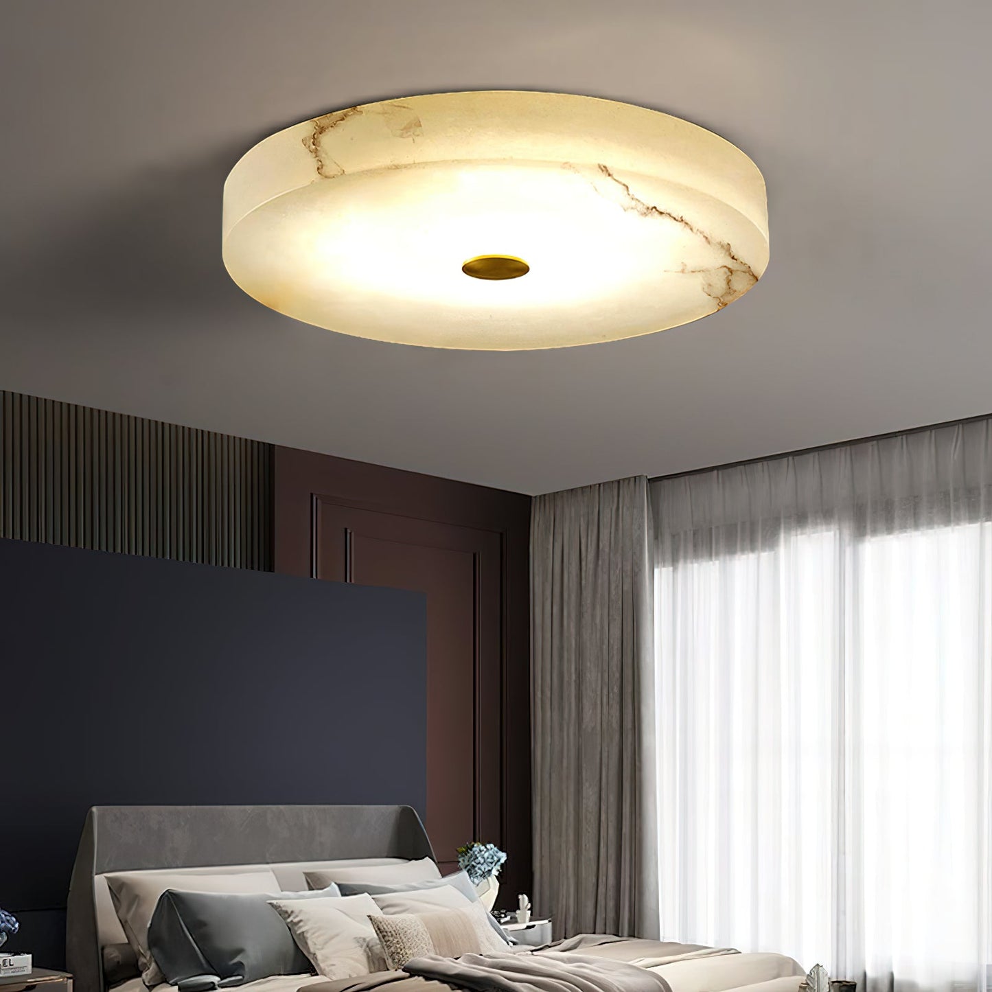 Flush Mount Ceiling Light Modern Minimalist with Alabaster Shade and Brass Detail