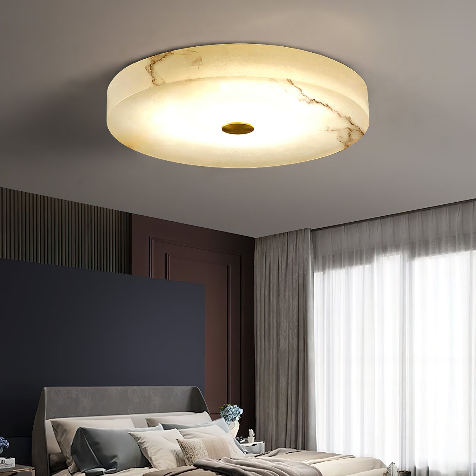 Flush Mount Ceiling Light Modern Minimalist with Alabaster Shade and Brass Detail