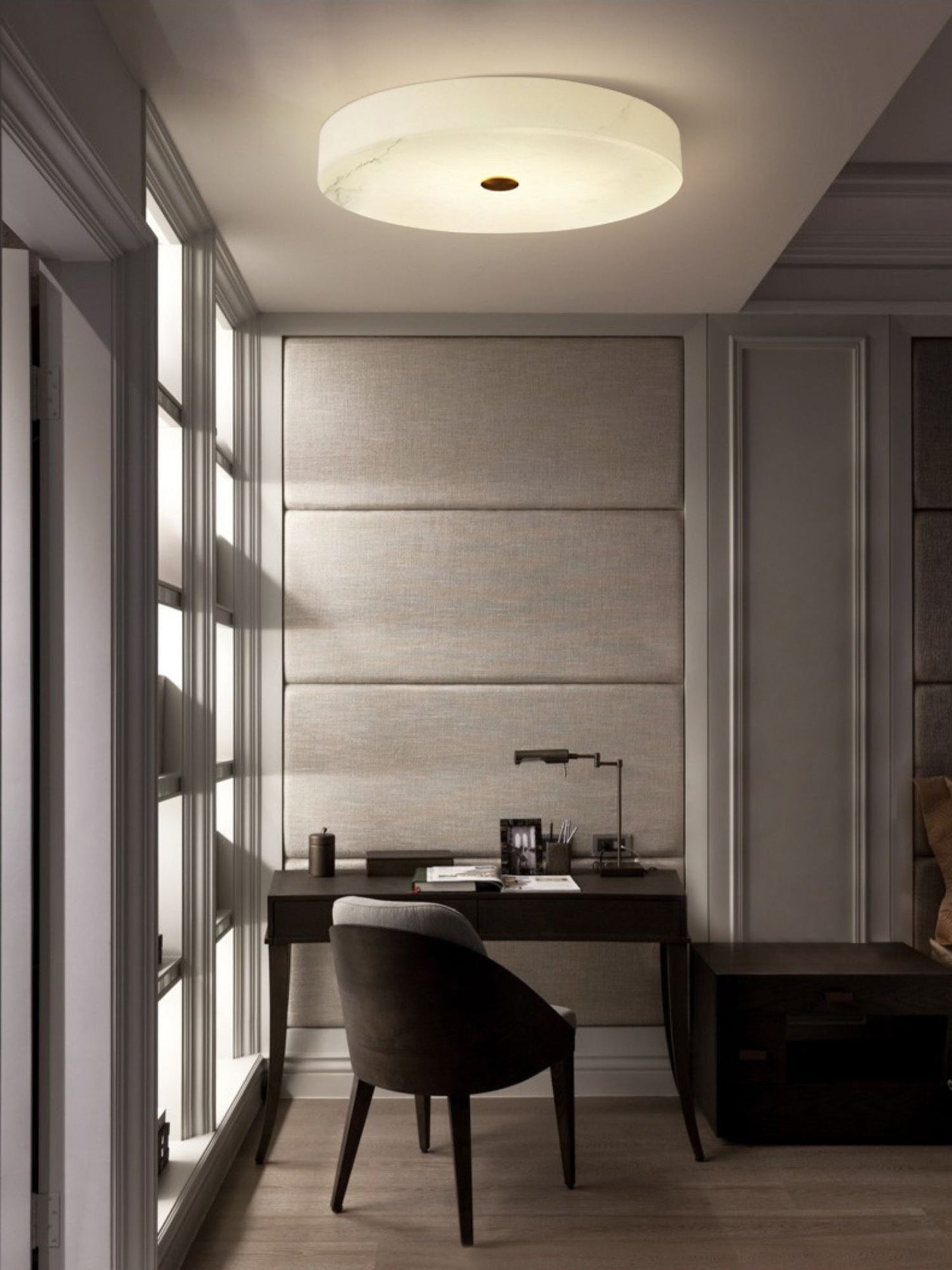Flush Mount Ceiling Light Modern Minimalist with Alabaster Shade and Brass Detail