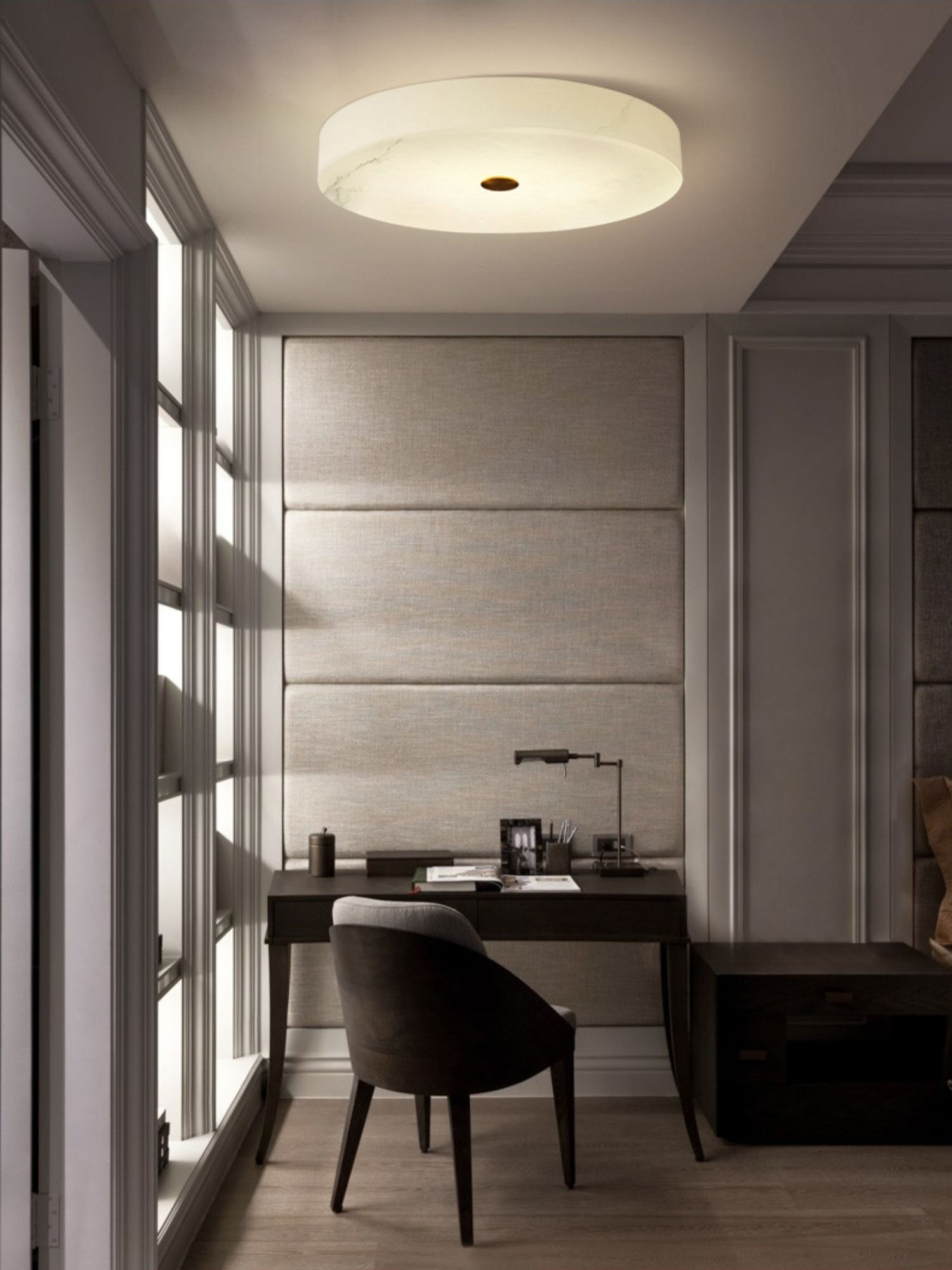 Flush Mount Ceiling Light Modern Minimalist with Alabaster Shade and Brass Detail