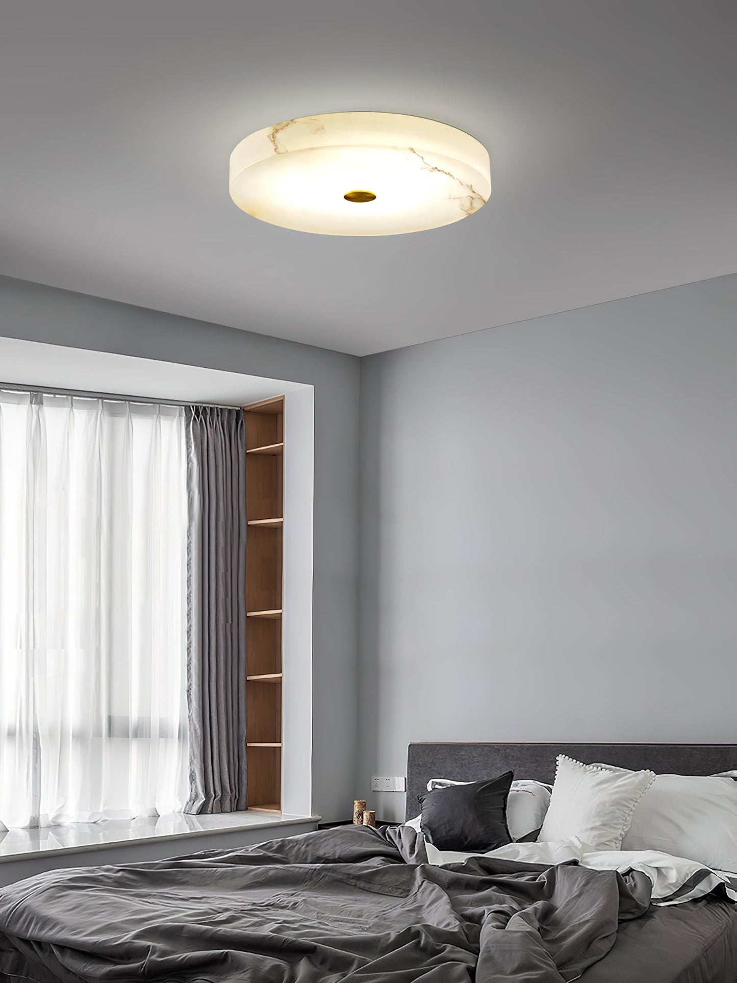 Flush Mount Ceiling Light Modern Minimalist with Alabaster Shade and Brass Detail