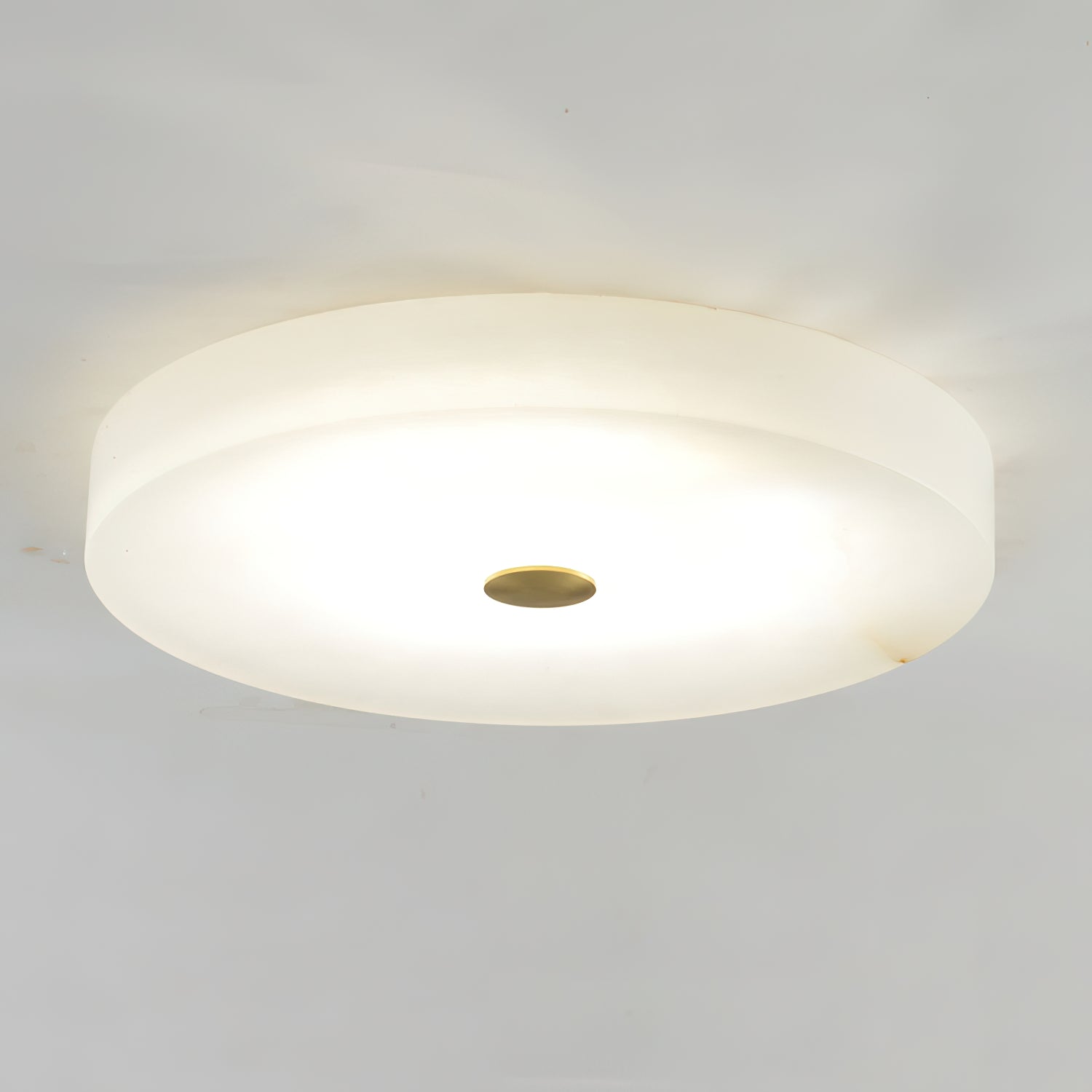 Flush Mount Ceiling Light Modern Minimalist with Alabaster Shade and Brass Detail