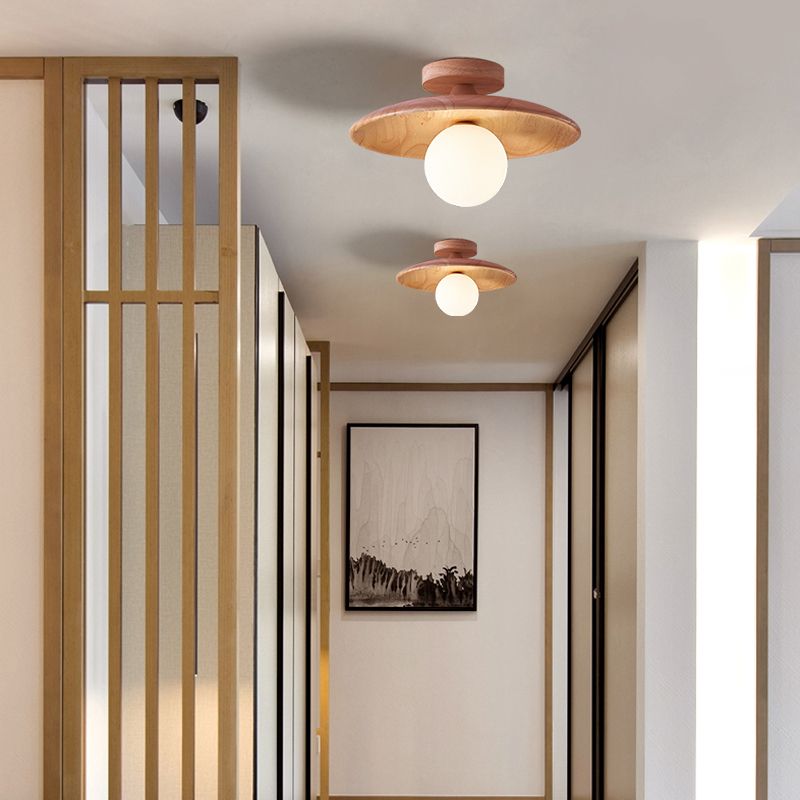 Flush Mount Ceiling Light Scandinavian Wood Disc with Globe Shade