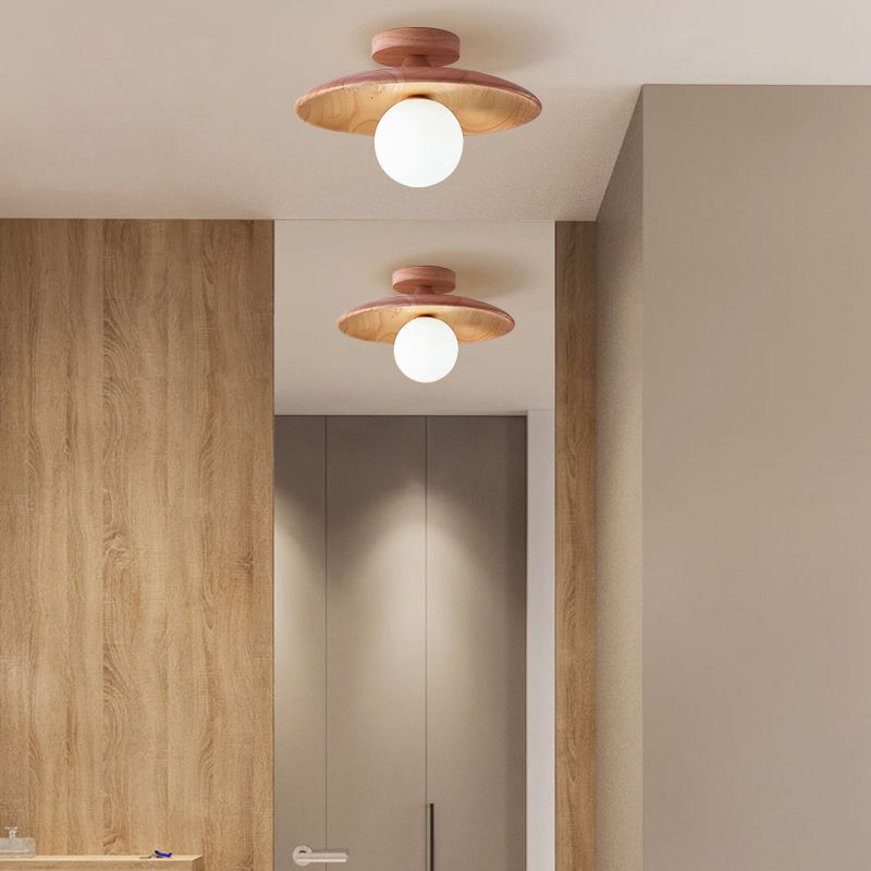 Flush Mount Ceiling Light Scandinavian Wood Disc with Globe Shade