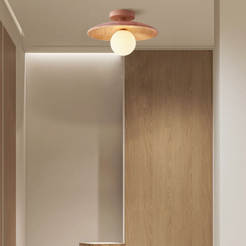 Flush Mount Ceiling Light Scandinavian Wood Disc with Globe Shade