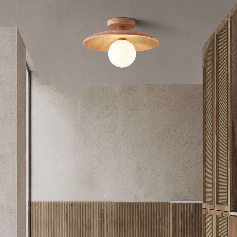 Flush Mount Ceiling Light Scandinavian Wood Disc with Globe Shade