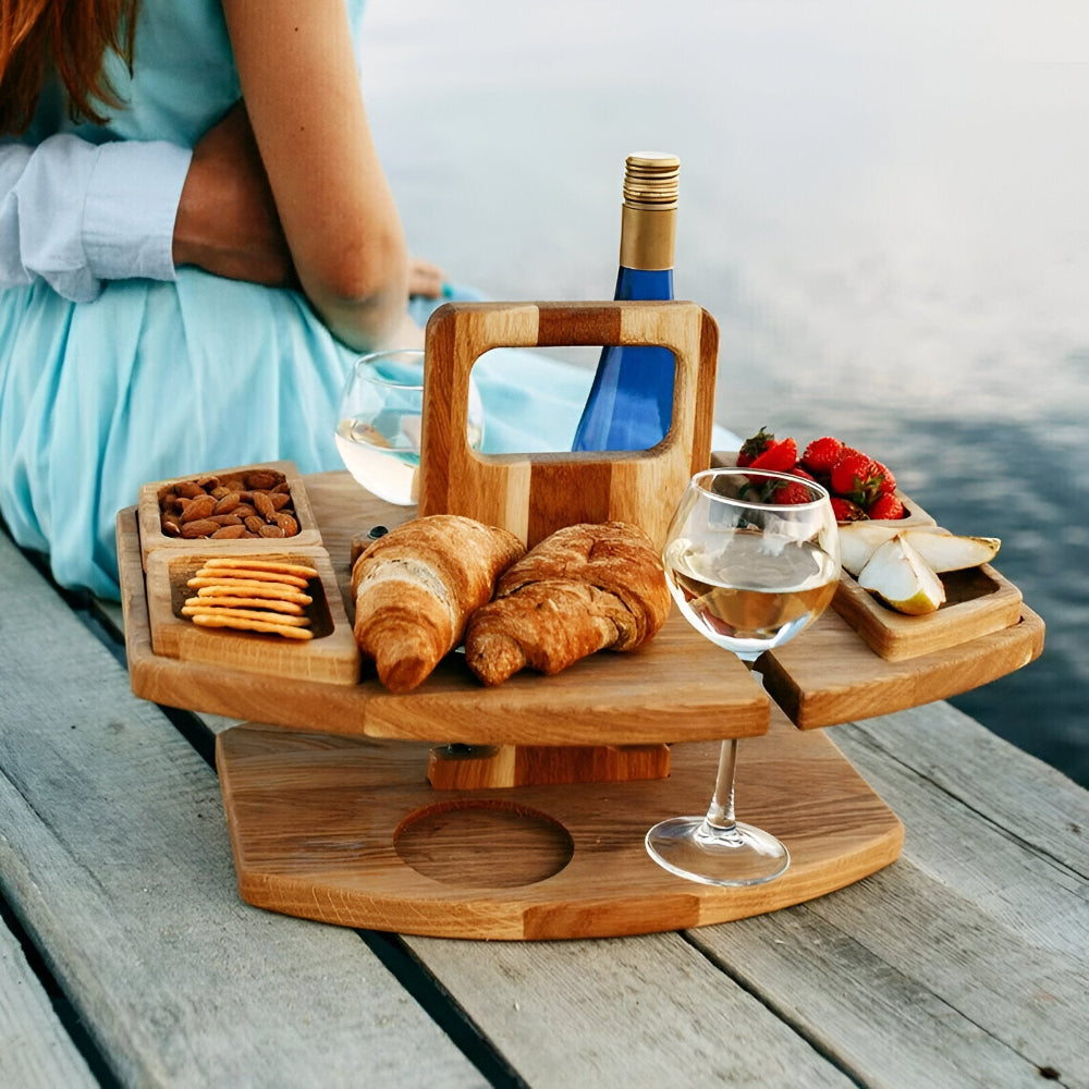 Foldable Wooden Picnic Table with Wine Holder