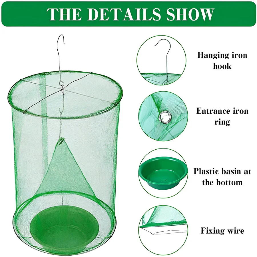 Hanging Fly Trap with Mesh Cage and Plastic Basin