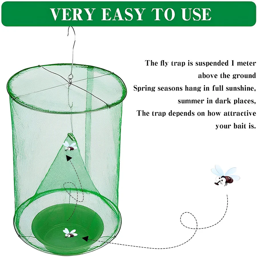 Hanging Fly Trap with Mesh Cage and Plastic Basin
