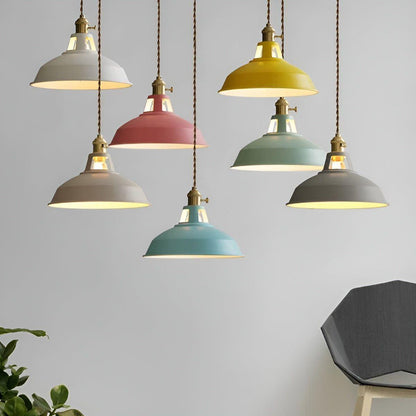 Industrial Pendant Lamp with Round Metal Shade and Twisted Fabric Cord