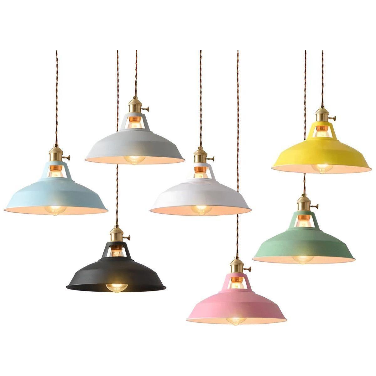 Industrial Pendant Lamp with Round Metal Shade and Twisted Fabric Cord
