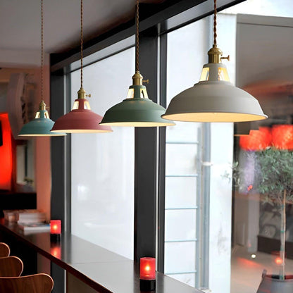 Industrial Pendant Lamp with Round Metal Shade and Twisted Fabric Cord