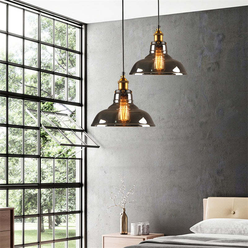 Industrial Pendant Light with Glass Shade and Adjustable Cord