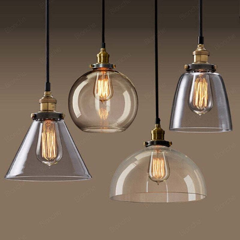 Industrial Pendant Light with Glass Shade and Adjustable Cord