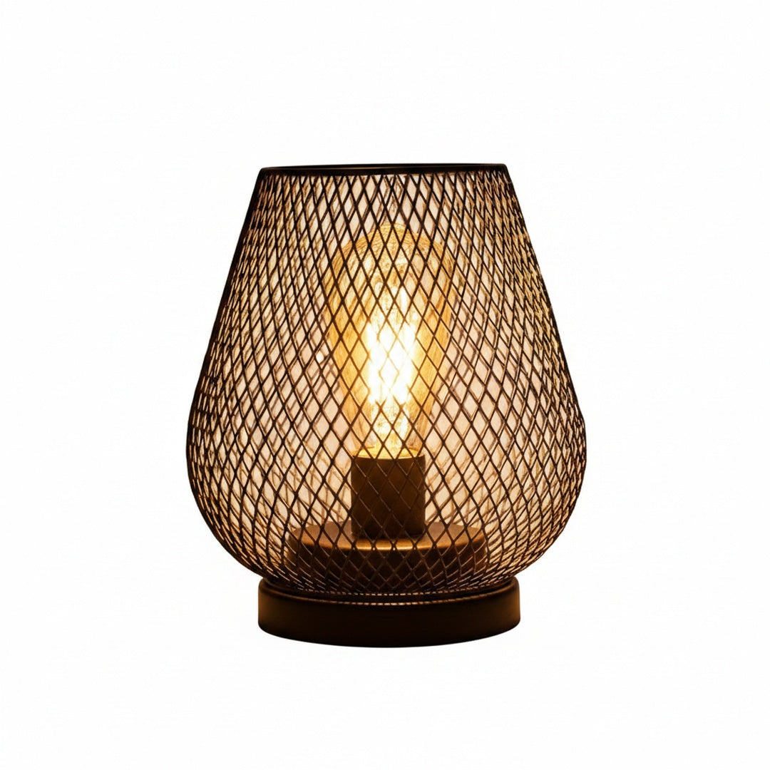 Industrial Wire Mesh Table Lamp with Battery-Operated Edison Bulb