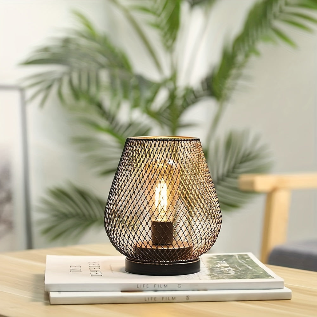Industrial Wire Mesh Table Lamp with Battery-Operated Edison Bulb