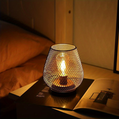Industrial Wire Mesh Table Lamp with Battery-Operated Edison Bulb