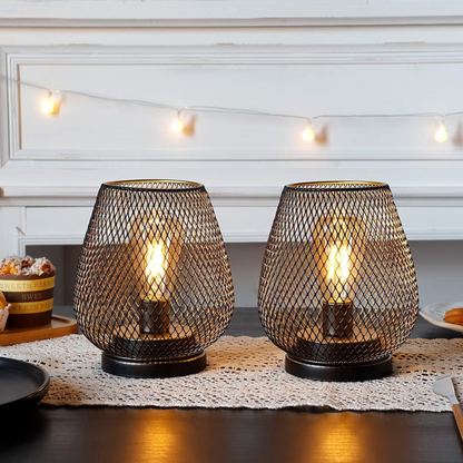 Industrial Wire Mesh Table Lamp with Battery-Operated Edison Bulb