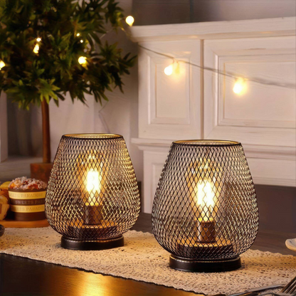Industrial Wire Mesh Table Lamp with Battery-Operated Edison Bulb