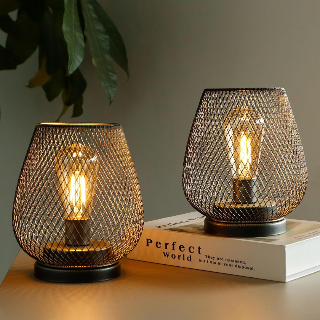Industrial Wire Mesh Table Lamp with Battery-Operated Edison Bulb
