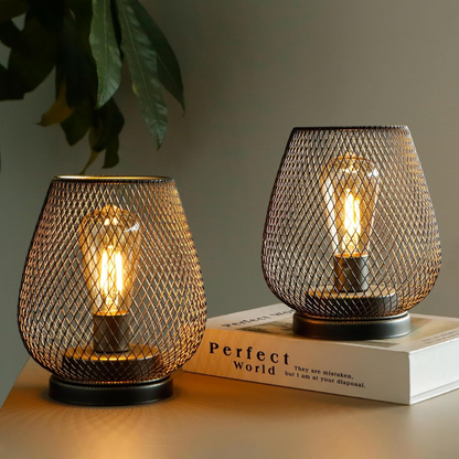 Industrial Wire Mesh Table Lamp with Battery-Operated Edison Bulb