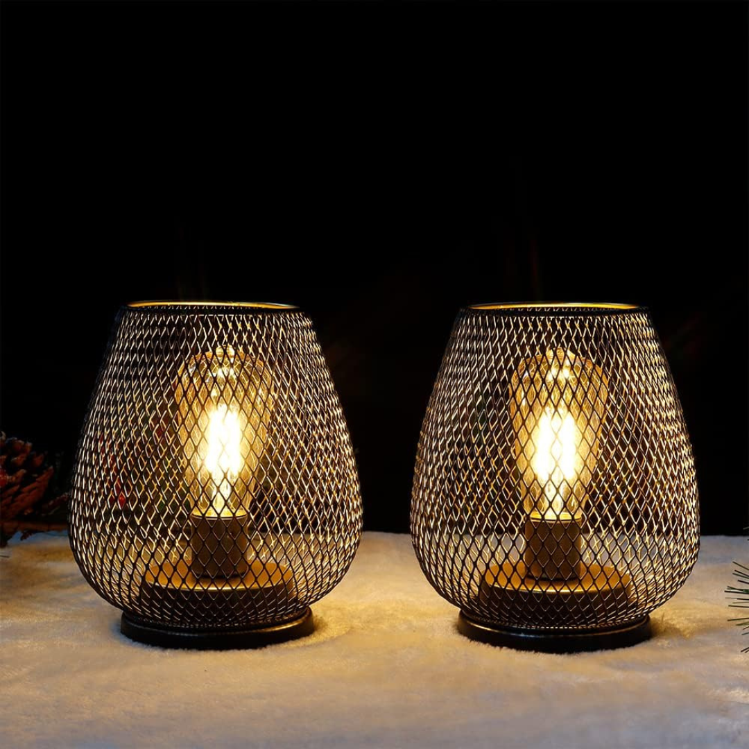 Industrial Wire Mesh Table Lamp with Battery-Operated Edison Bulb
