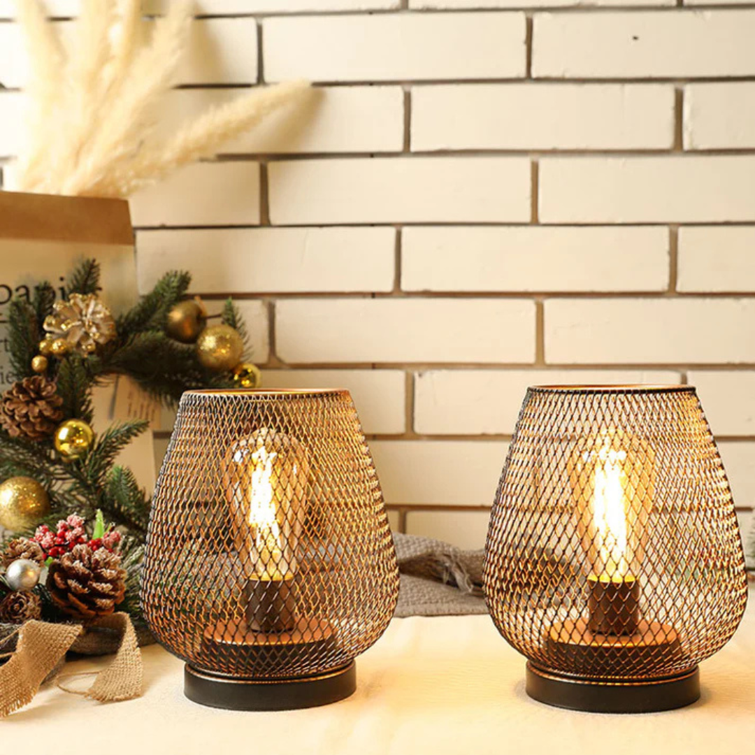 Industrial Wire Mesh Table Lamp with Battery-Operated Edison Bulb