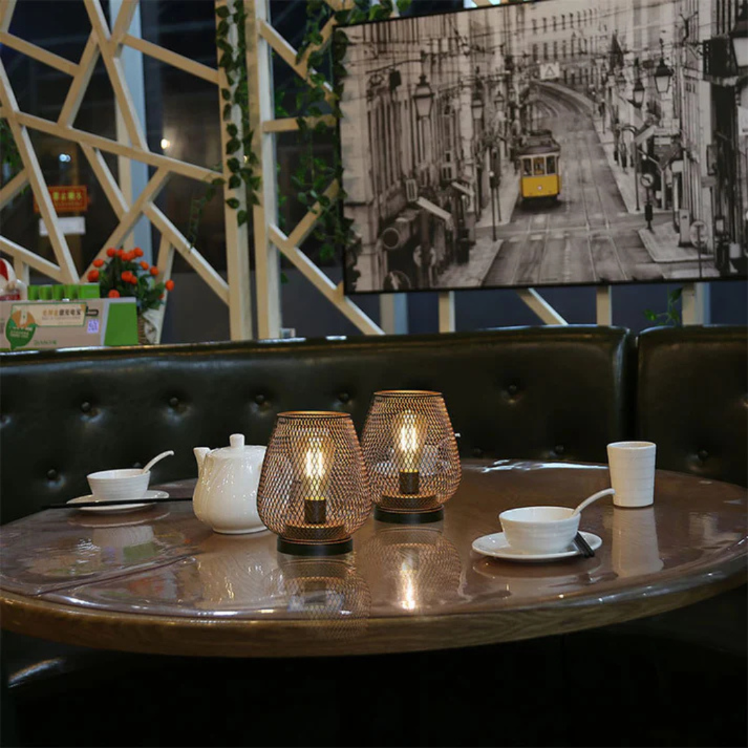 Industrial Wire Mesh Table Lamp with Battery-Operated Edison Bulb