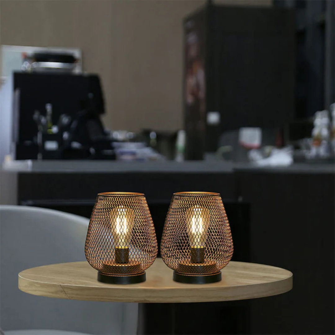 Industrial Wire Mesh Table Lamp with Battery-Operated Edison Bulb