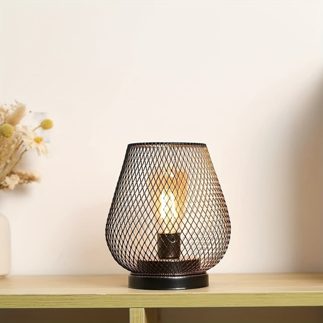 Industrial Wire Mesh Table Lamp with Battery-Operated Edison Bulb