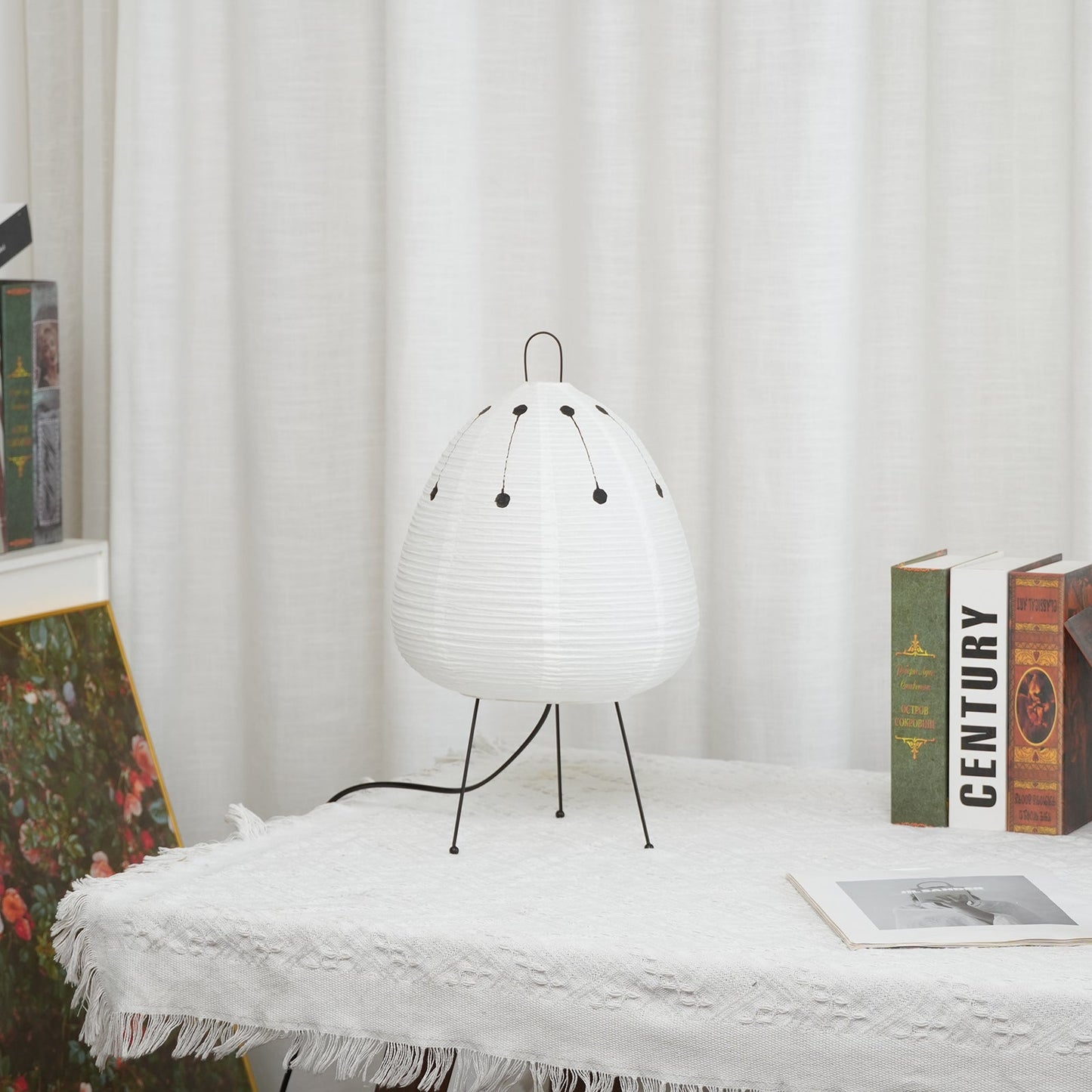 Japanese Paper Lantern Table Lamp Minimalist with Rice Paper Shade and Tripod Stand