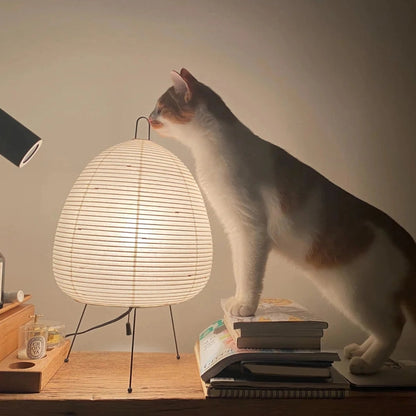 Japanese Paper Lantern Table Lamp Minimalist with Rice Paper Shade and Tripod Stand