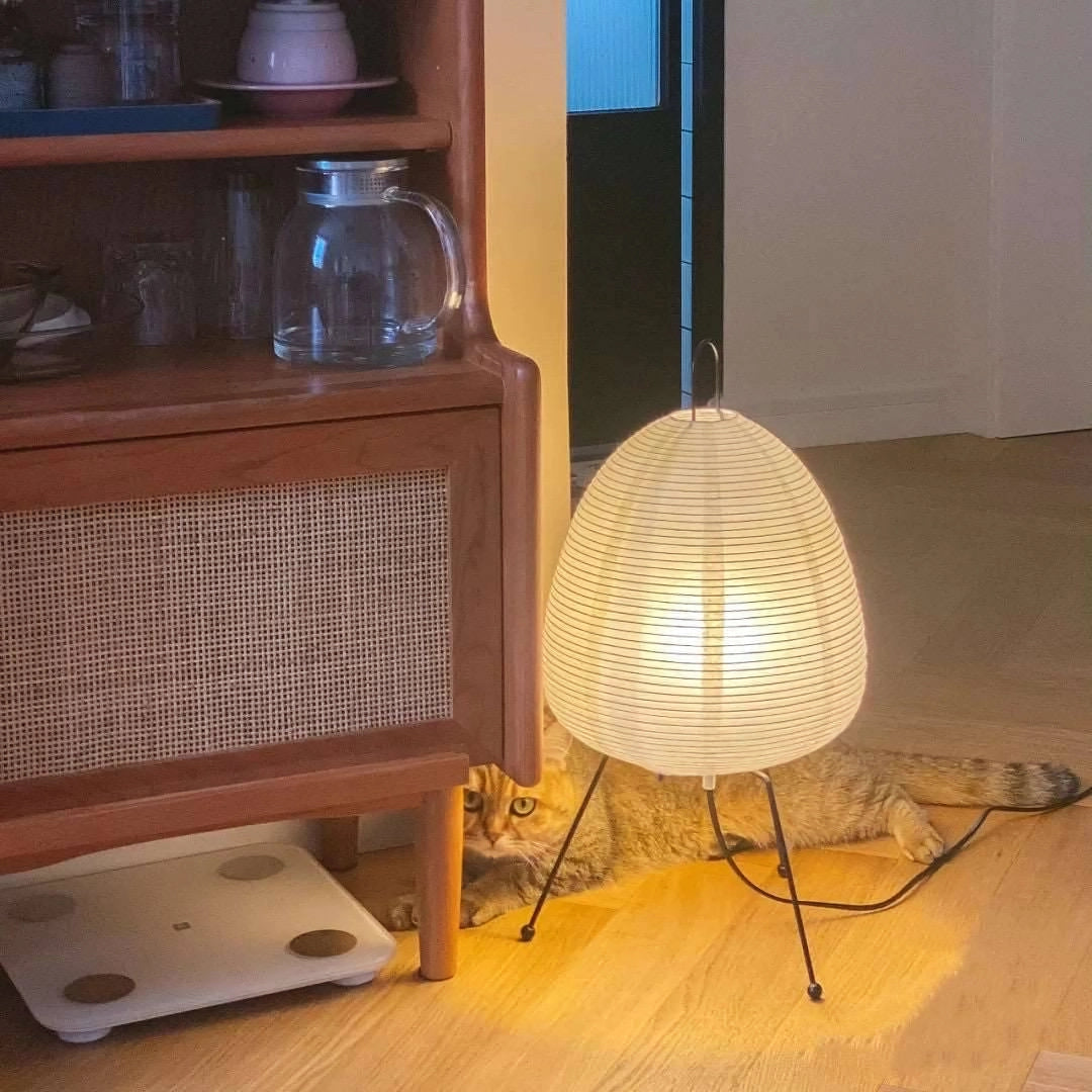 Japanese Paper Lantern Table Lamp Minimalist with Rice Paper Shade and Tripod Stand
