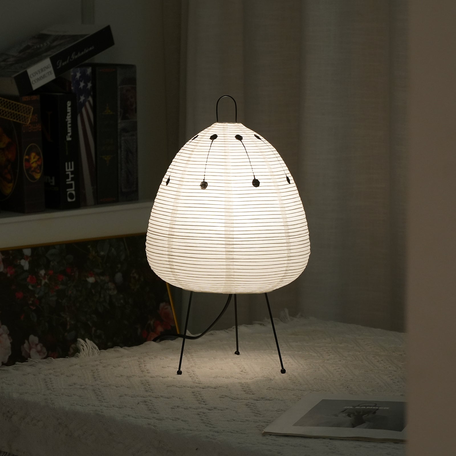 Japanese Paper Lantern Table Lamp Minimalist with Rice Paper Shade and Tripod Stand