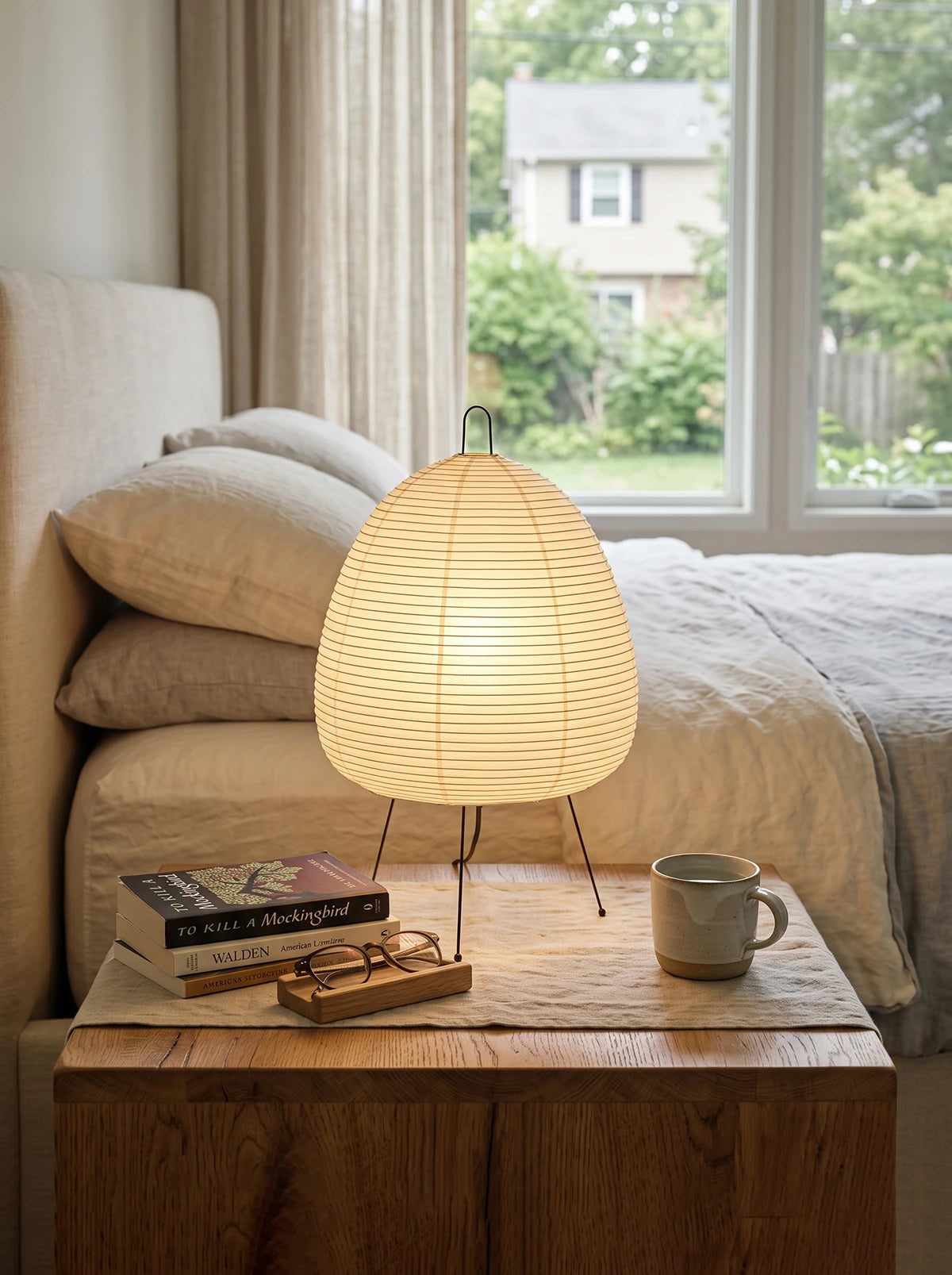 Japanese Paper Lantern Table Lamp Minimalist with Rice Paper Shade and Tripod Stand